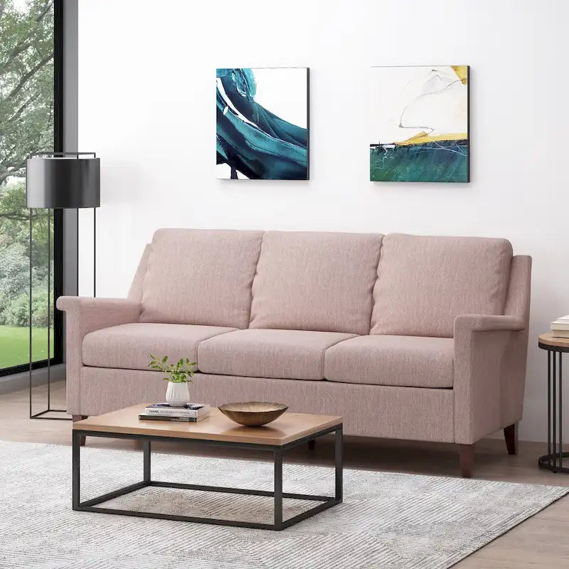 Light Pink 76.5 Modern 3-Seater Sofa with Birch Legs and Plush Seating