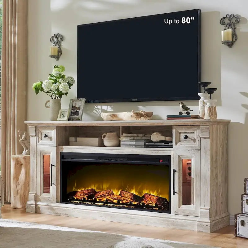 Farmhouse Fireplace TV Stand for 80 Inch TV, Entertainment Center