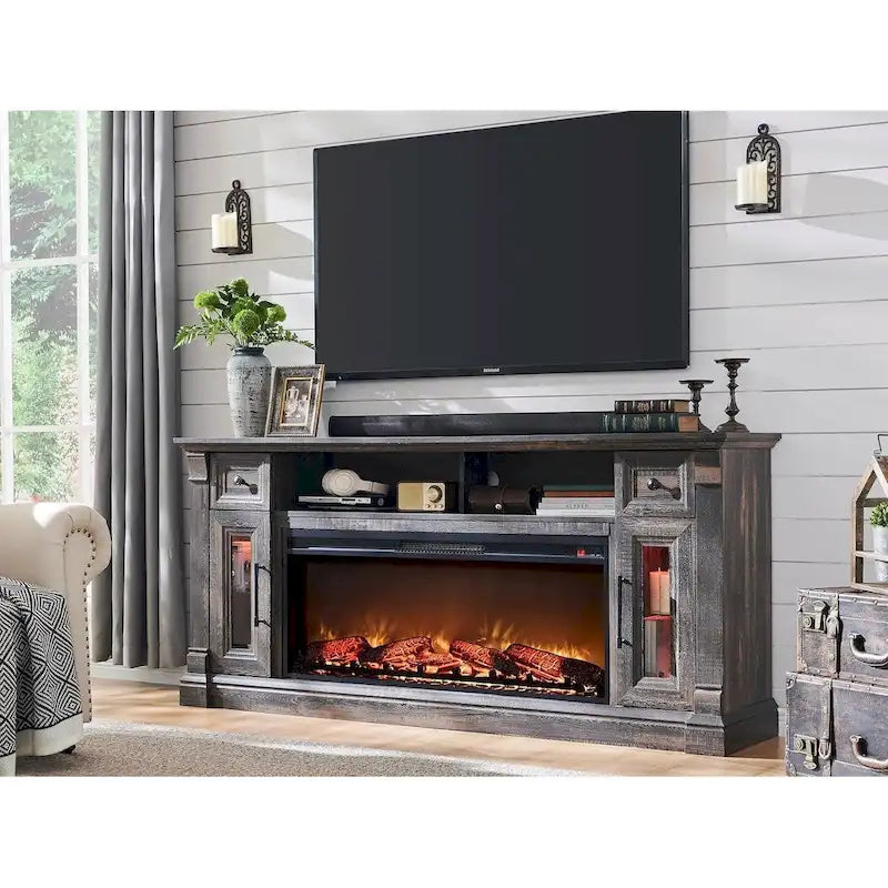 Farmhouse Fireplace TV Stand for 80 Inch TV, Entertainment Center