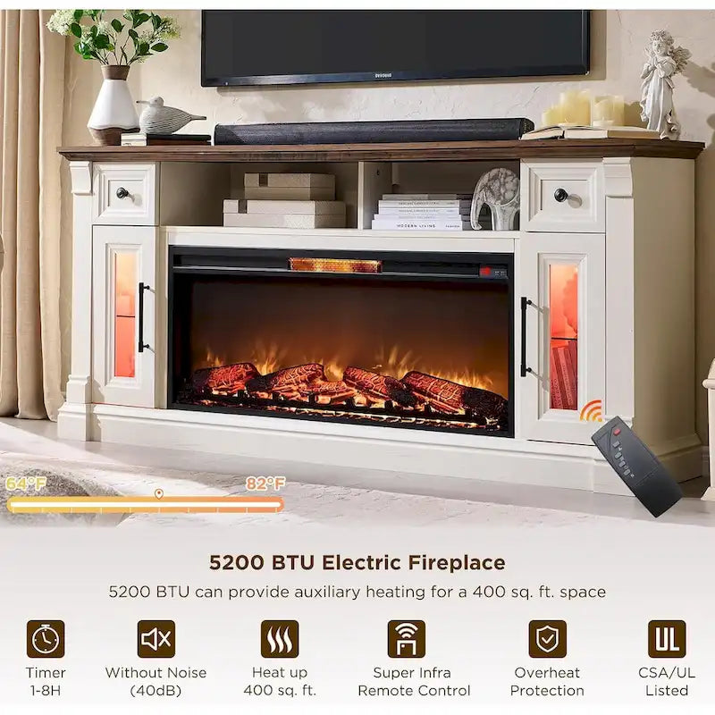 Farmhouse Fireplace TV Stand for 80 Inch TV, Entertainment Center