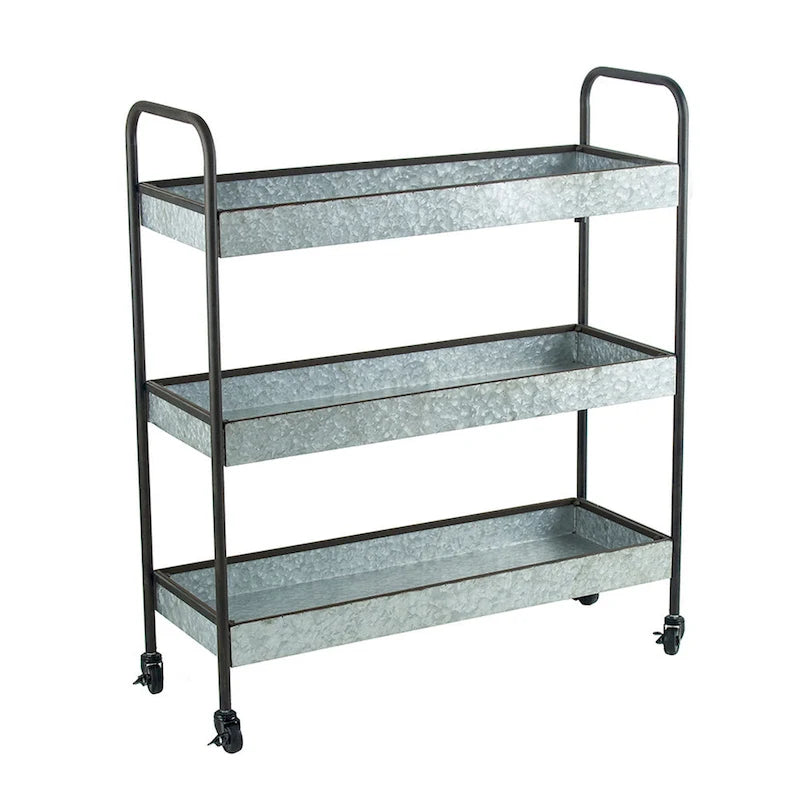 40 Inch Metal Rolling Cart, 3 Tier Shelves, Caster Wheels, Galvanized Gray