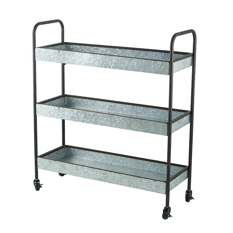 40 Inch Metal Rolling Cart, 3 Tier Shelves, Caster Wheels, Galvanized Gray