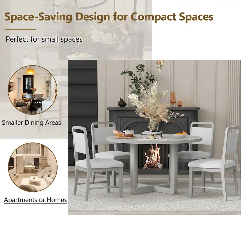 5 Piece Dining Table and Chair Set, Wooden Kitchen Dining Table Set with Round Dining Table and 4 Upholstered Chairs