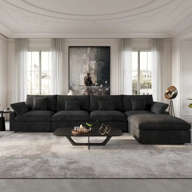 Modular Sectional Sofa Cloud Couch with Ottoman, 119 L Shaped Linen Blend Fabric Minimalist Sectional Sofa for Living Room