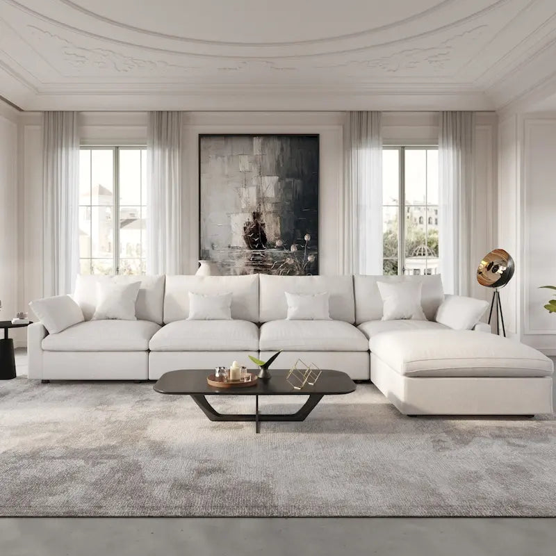 Modular Sectional Sofa Cloud Couch with Ottoman, 119 L Shaped Linen Blend Fabric Minimalist Sectional Sofa for Living Room