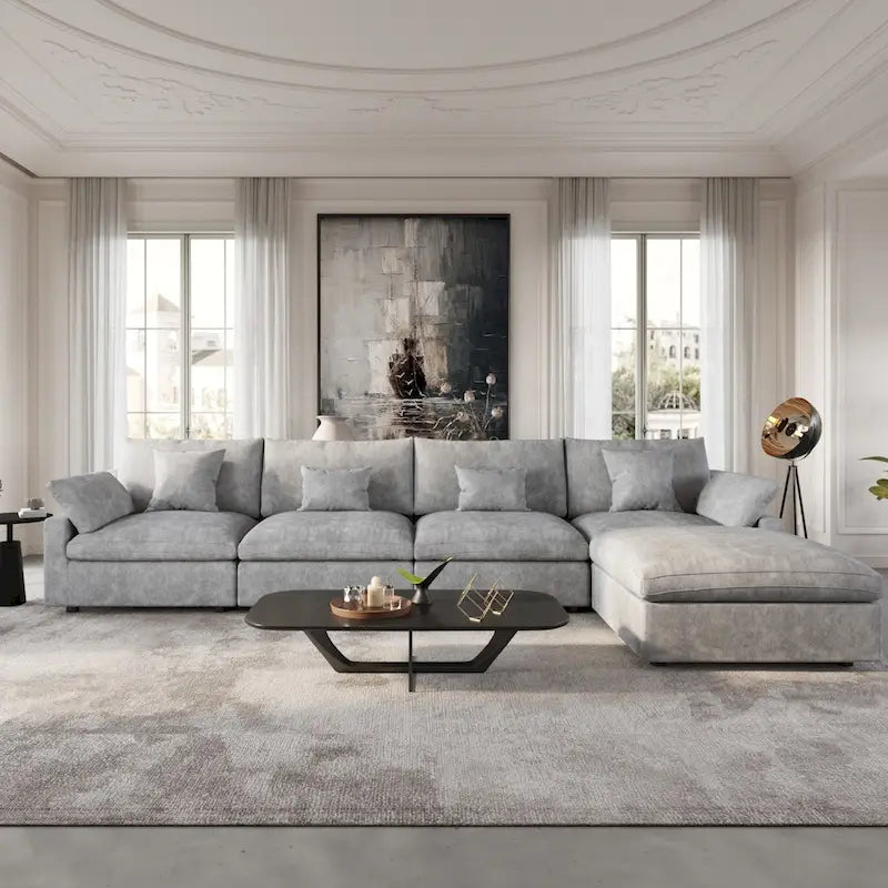 Modular Sectional Sofa Cloud Couch with Ottoman, 119 L Shaped Linen Blend Fabric Minimalist Sectional Sofa for Living Room