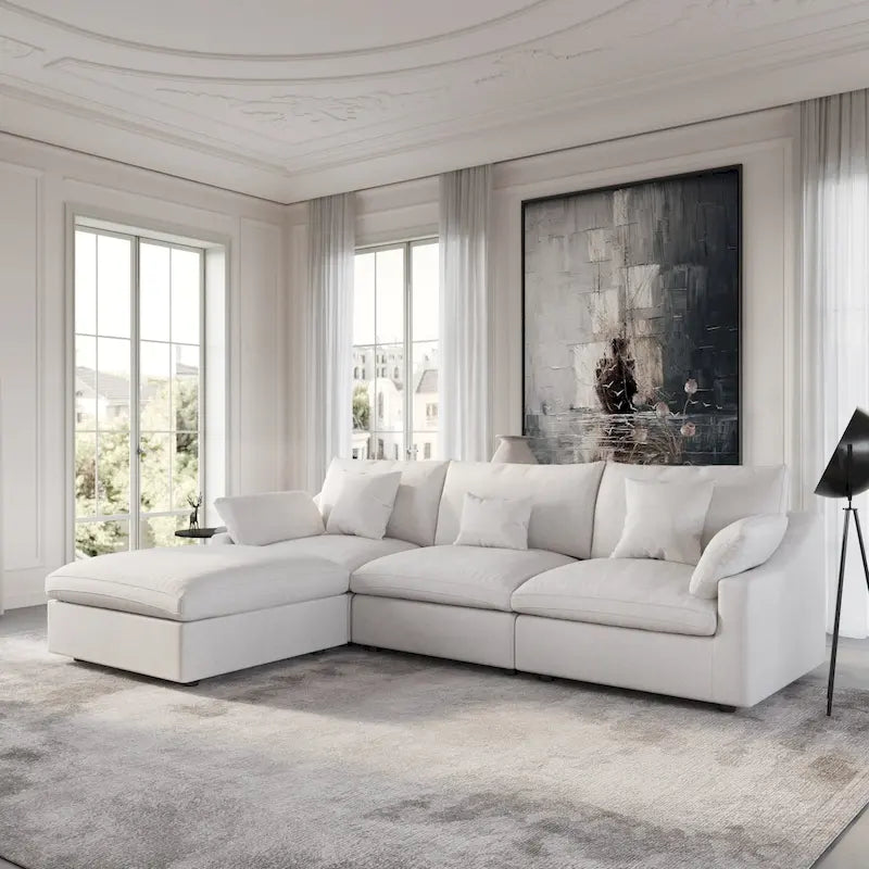 Modular Sectional Sofa Cloud Couch with Ottoman, 119 L Shaped Linen Blend Fabric Minimalist Sectional Sofa for Living Room