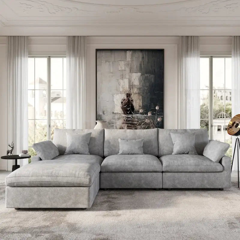 Modular Sectional Sofa Cloud Couch with Ottoman, 119 L Shaped Linen Blend Fabric Minimalist Sectional Sofa for Living Room