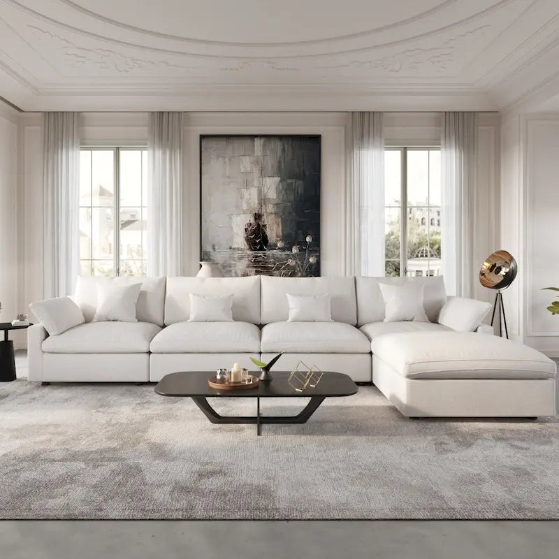 Modular Sectional Sofa Cloud Couch with Ottoman, 119 L Shaped Linen Blend Fabric Minimalist Sectional Sofa for Living Room