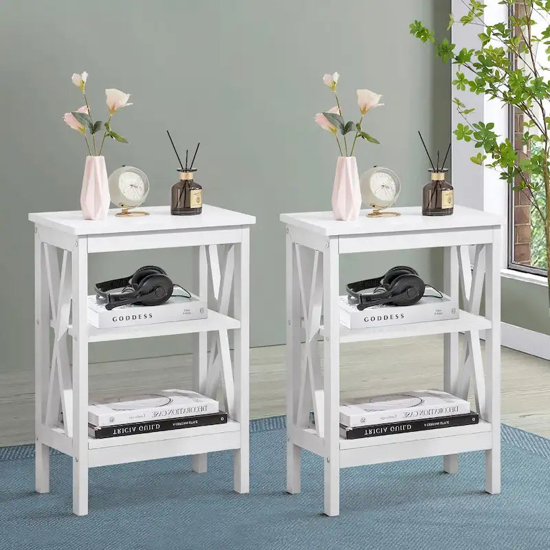 Modern Side Tables with 3-tier Storage Shelves, X-Shaped Nightstand Set (Set of 2)