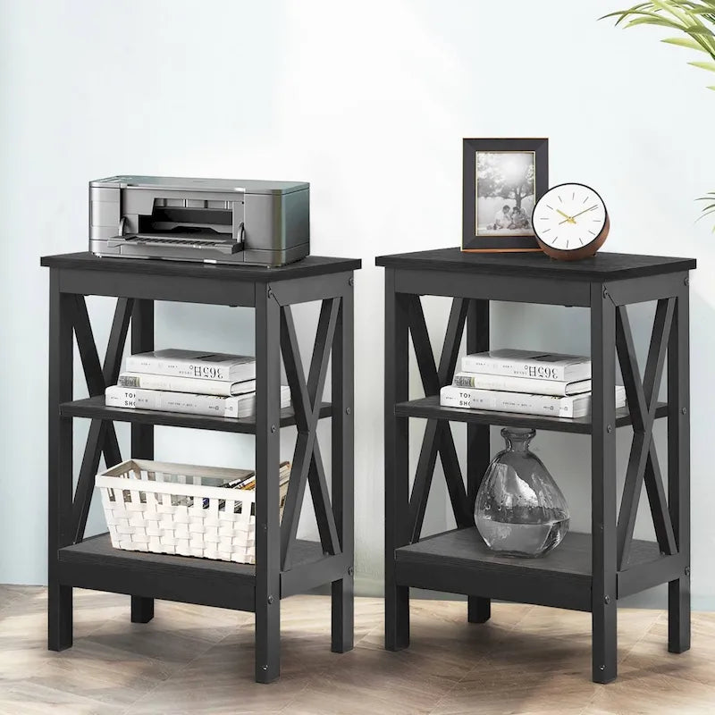Modern Side Tables with 3-tier Storage Shelves, X-Shaped Nightstand Set (Set of 2)