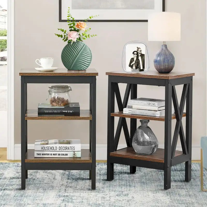 Modern Side Tables with 3-tier Storage Shelves, X-Shaped Nightstand Set (Set of 2)