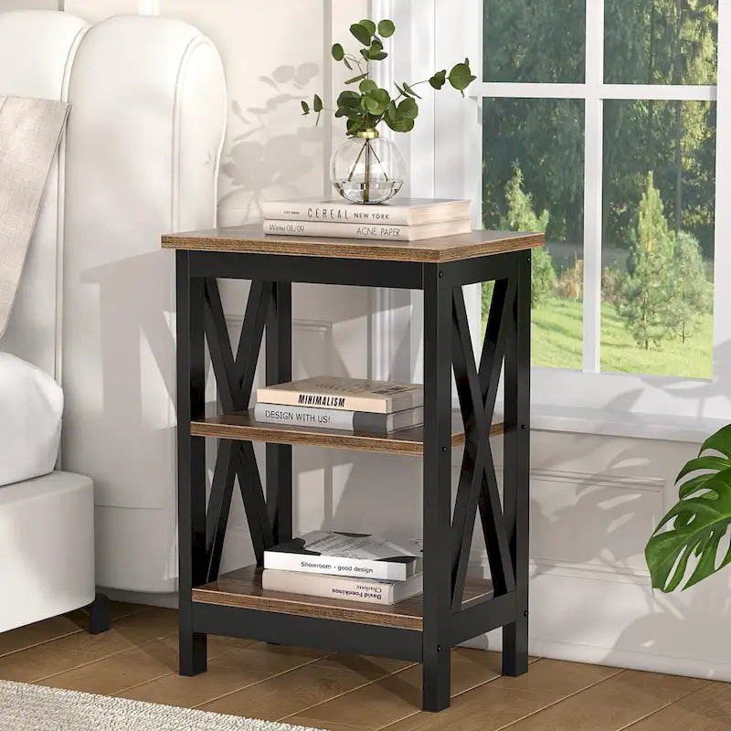 Modern Side Tables with 3-tier Storage Shelves, X-Shaped Nightstand Set (Set of 2)