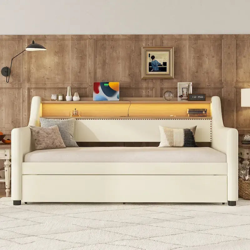 White Twin Size Upholstered Daybed with Trundle and LED