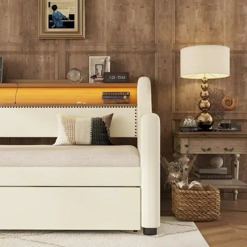 White Twin Size Upholstered Daybed with Trundle and LED