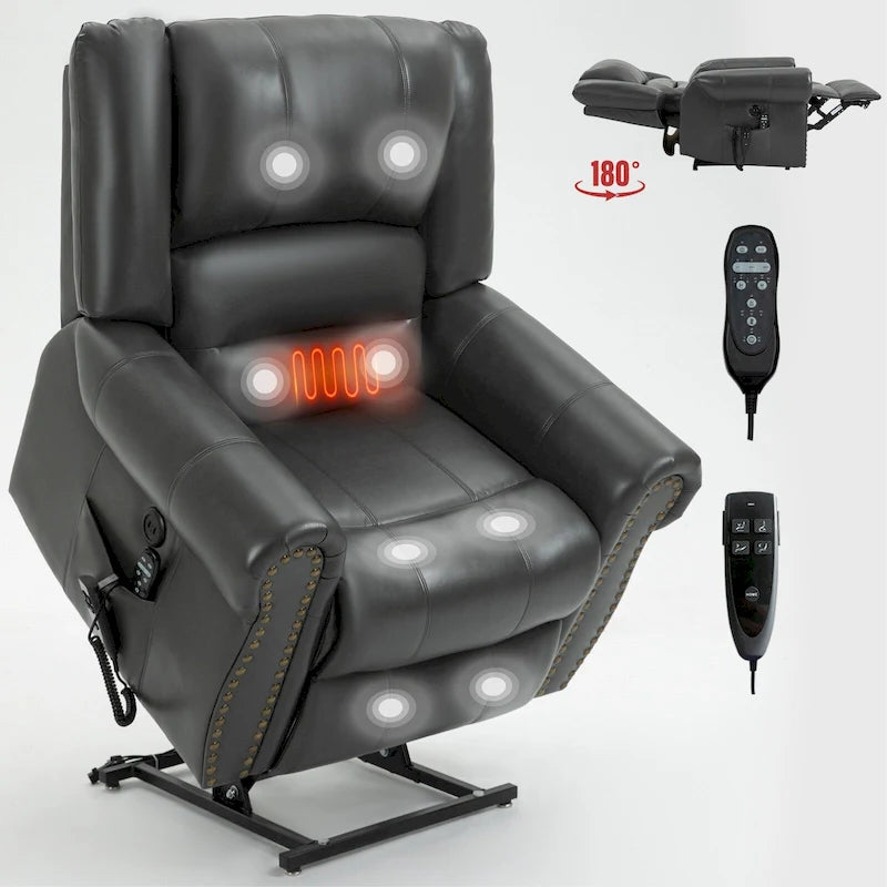 Brown Faux Leather Dual Motor Lift Recliner with Heat and Massage, USB Ports, and Infinite Recline for Seniors