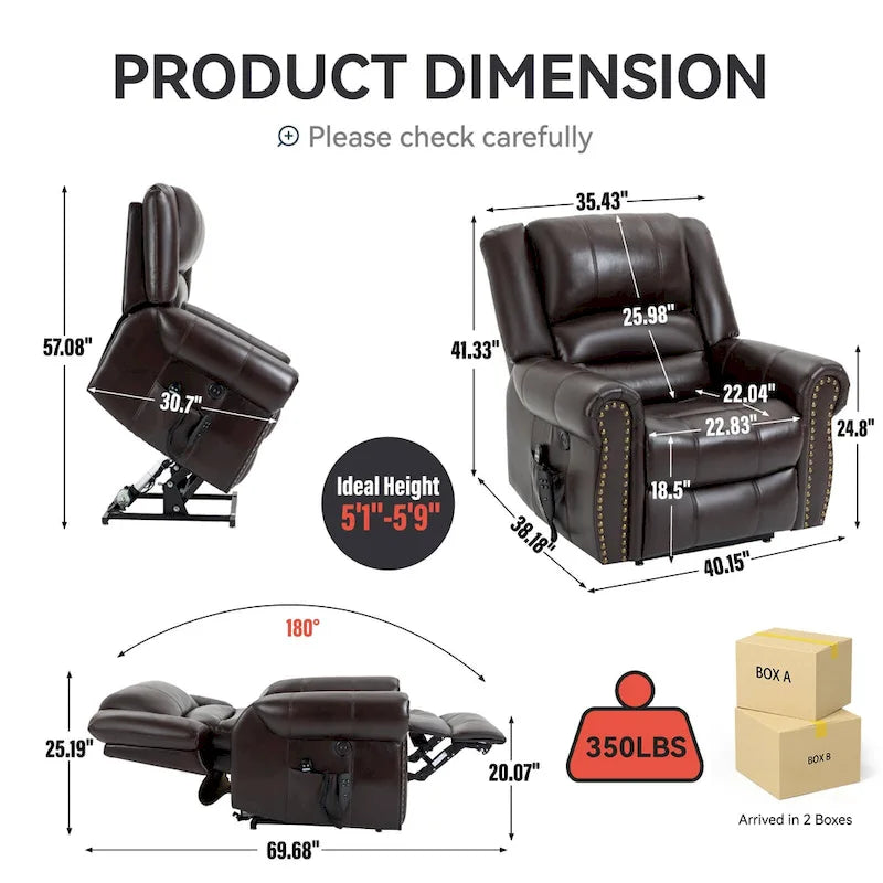 Brown Faux Leather Dual Motor Lift Recliner with Heat and Massage, USB Ports, and Infinite Recline for Seniors
