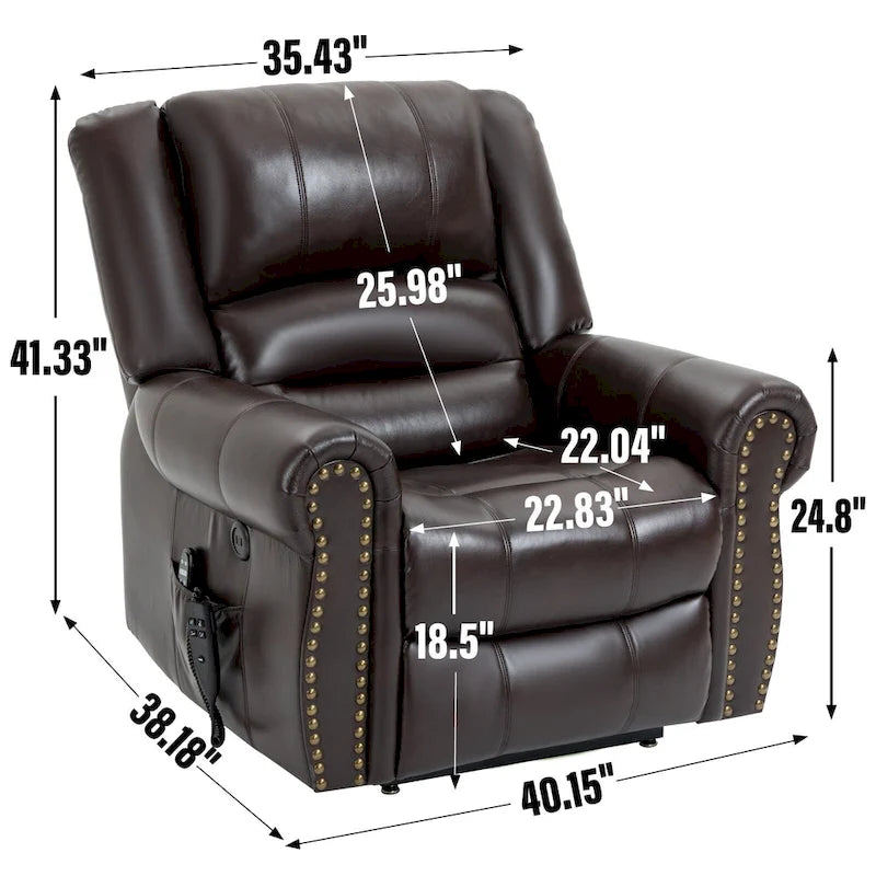 Brown Faux Leather Dual Motor Lift Recliner with Heat and Massage, USB Ports, and Infinite Recline for Seniors