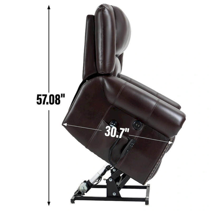 Brown Faux Leather Dual Motor Lift Recliner with Heat and Massage, USB Ports, and Infinite Recline for Seniors