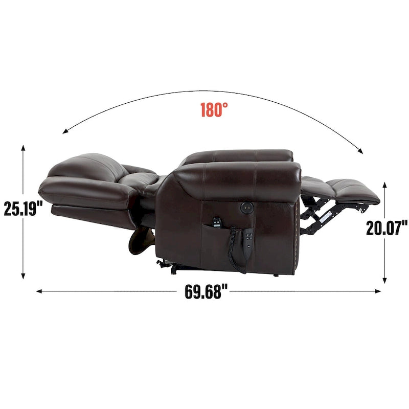 Brown Faux Leather Dual Motor Lift Recliner with Heat and Massage, USB Ports, and Infinite Recline for Seniors