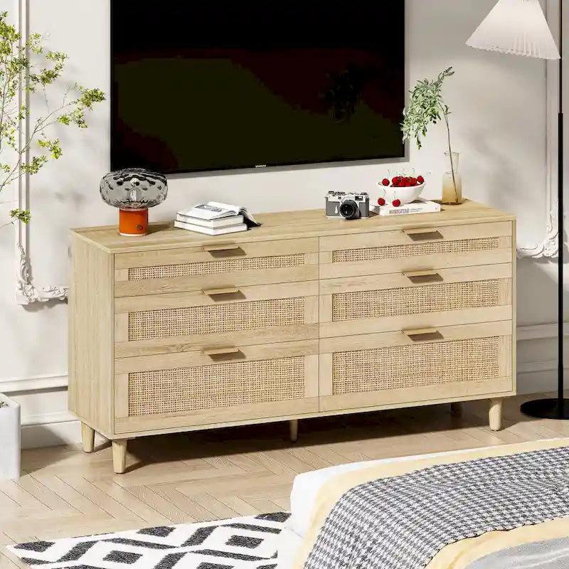 Rattan 6-Drawer Double Dresser with Metal Handle, Clothes Storage Cabinet for Bedroom