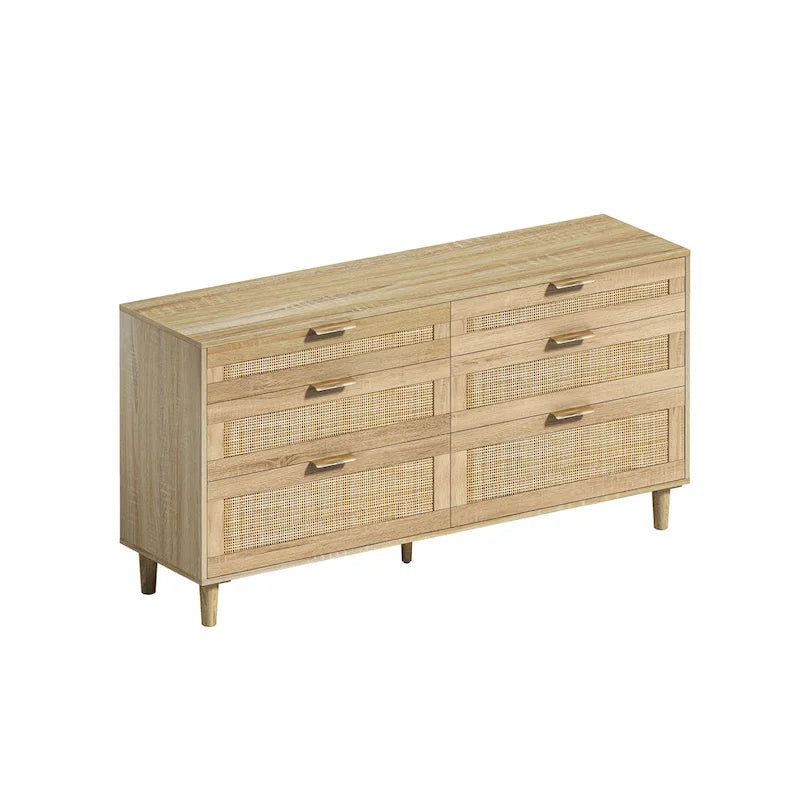 Rattan 6-Drawer Double Dresser with Metal Handle, Clothes Storage Cabinet for Bedroom