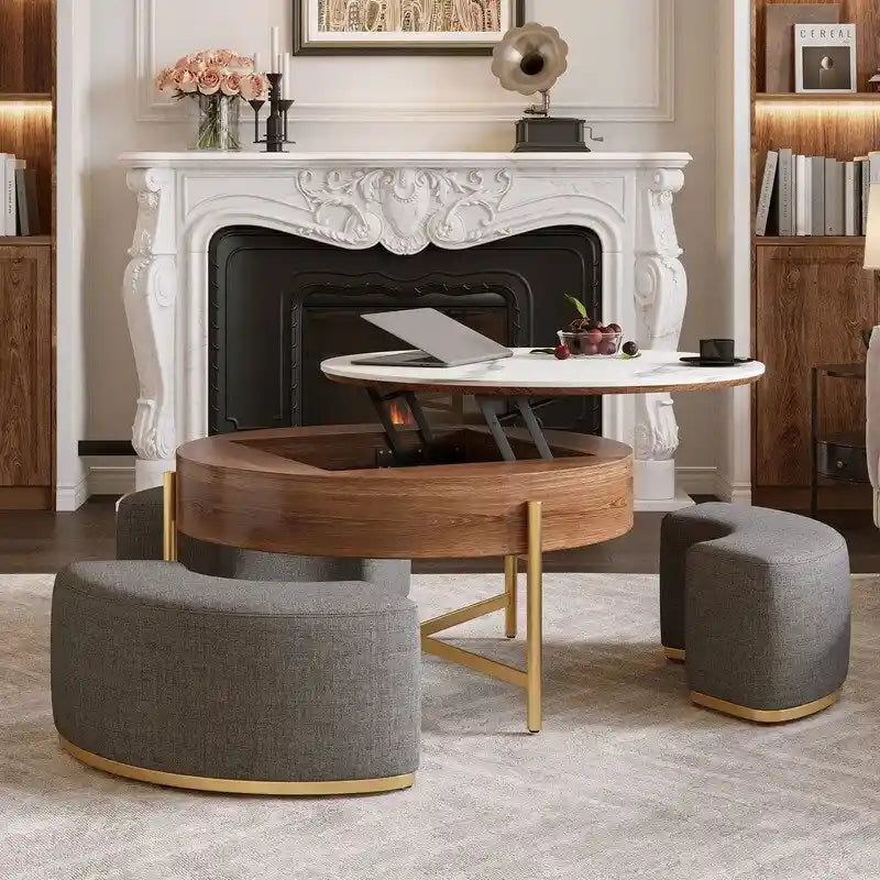 Lift-Top Coffee Table with Storage & 3 Ottomans