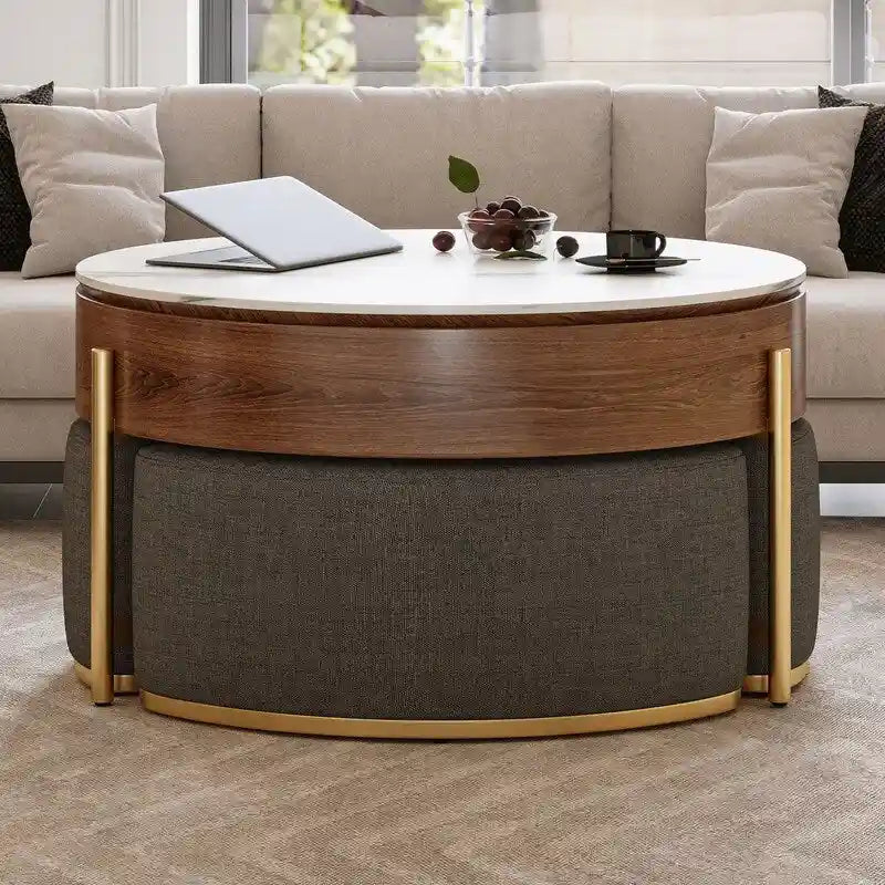 Lift-Top Coffee Table with Storage & 3 Ottomans