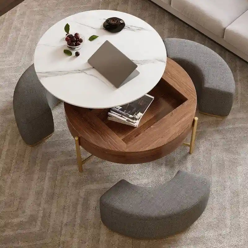 Lift-Top Coffee Table with Storage & 3 Ottomans