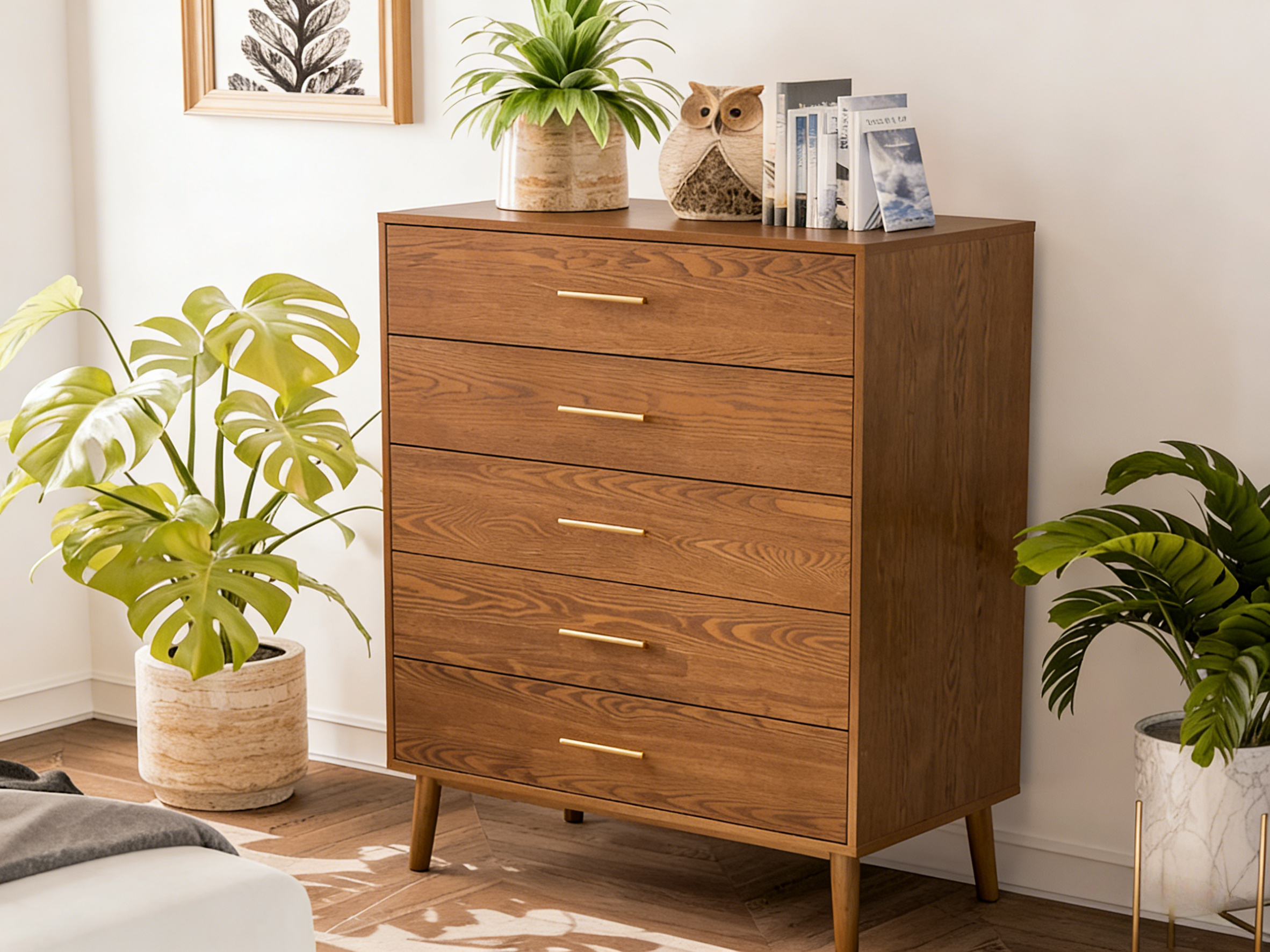 Furniture of America Beau Midcentury Walnut 5-Drawer Chest with Interlocking Drawers