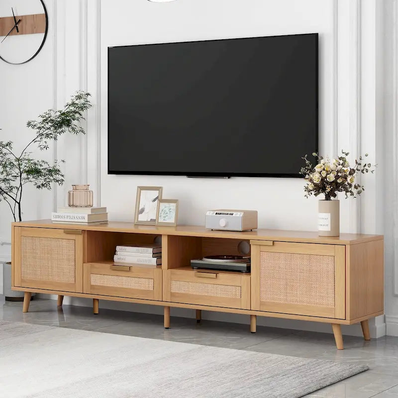 Wood Rattan TV Stand Modern Farmhouse Storage Cabinet For 85 inch TV - 14.60 x 78.74 x 18.90