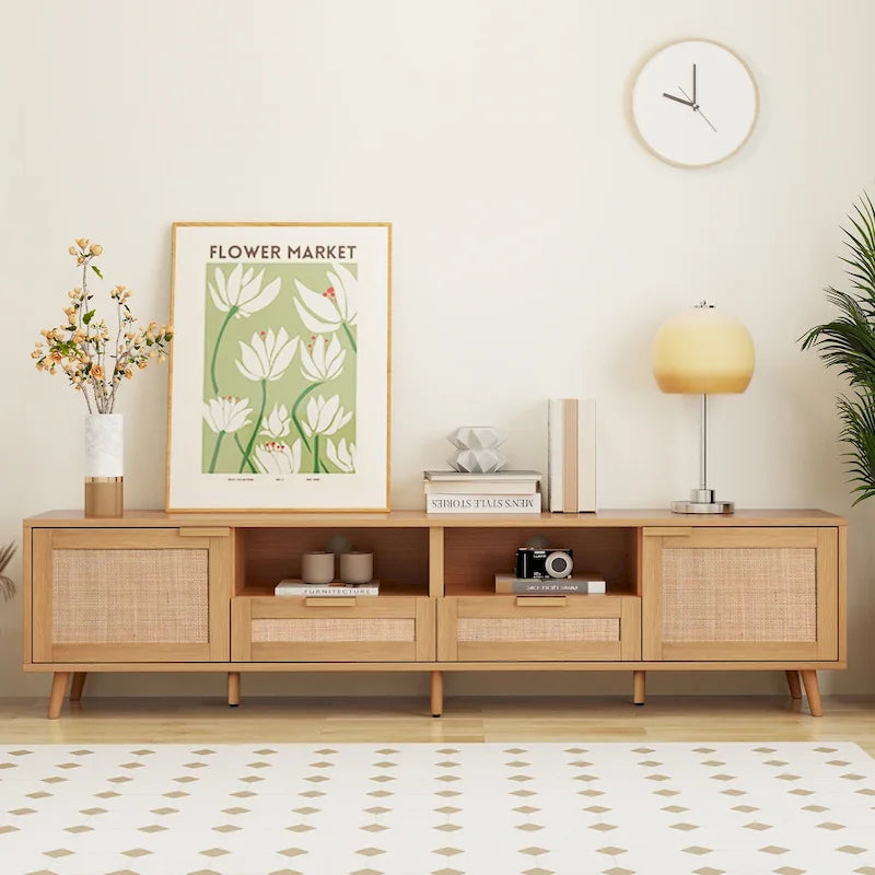 Wood Rattan TV Stand Modern Farmhouse Storage Cabinet For 85 inch TV - 14.60 x 78.74 x 18.90
