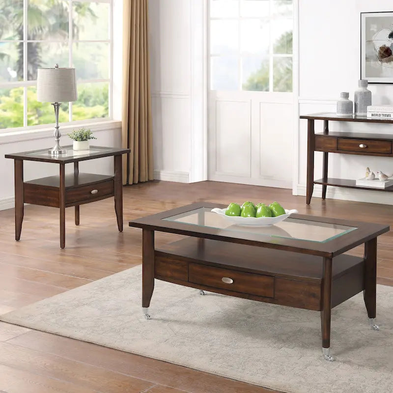 Genoas Traditional Walnut Glass 2-Piece Coffee Table Set with Drawer by Furniture of America