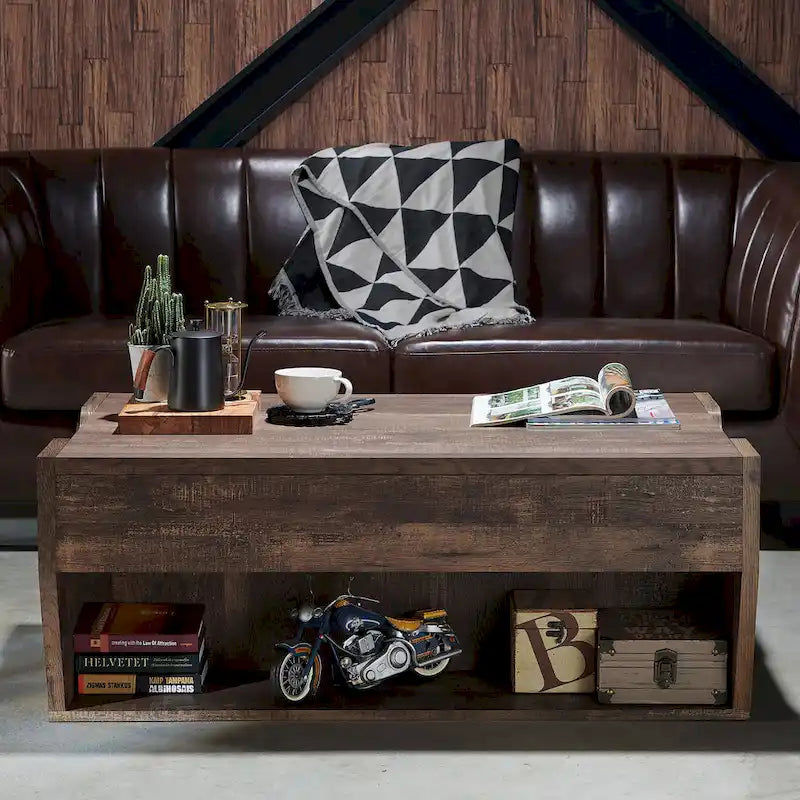 DH BASIC Rustic Oak Lift-Top 42 Storage Coffee Table by Denhour