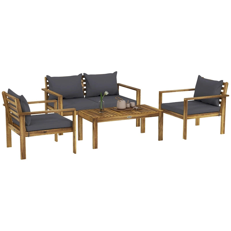 Outsunny 4 Piece Patio Furniture Set, Acacia Wood Outdoor Furniture with Cushions, Table, Backyard Lawn Porch Sofa, Natural Wood