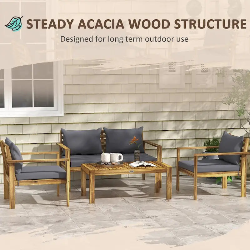 Outsunny 4 Piece Patio Furniture Set, Acacia Wood Outdoor Furniture with Cushions, Table, Backyard Lawn Porch Sofa, Natural Wood