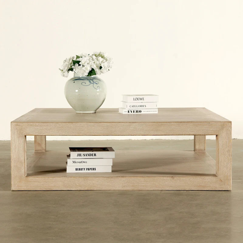 Artissance Versatile Peking Grand Framed Square Coffee Table With Weathered White Wash, 50 Inch Long