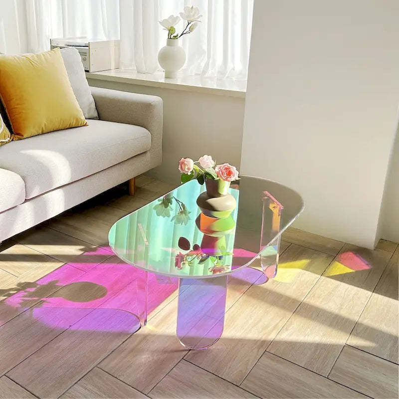Clear Acrylic Coffee Table Iridescent Colorful Side Table Rainbow Color with PVC Mat