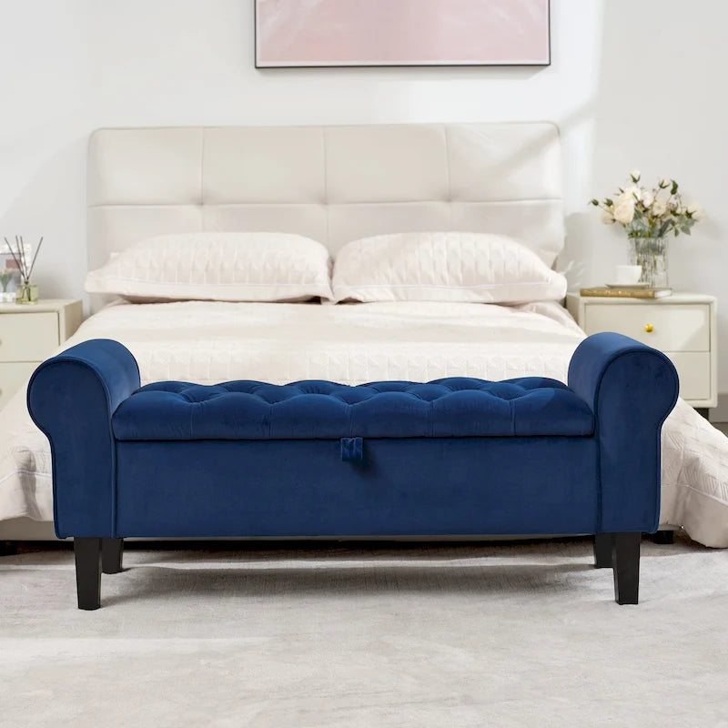Velvet Storage Bench With Rubber Wood Legs for Bedroom