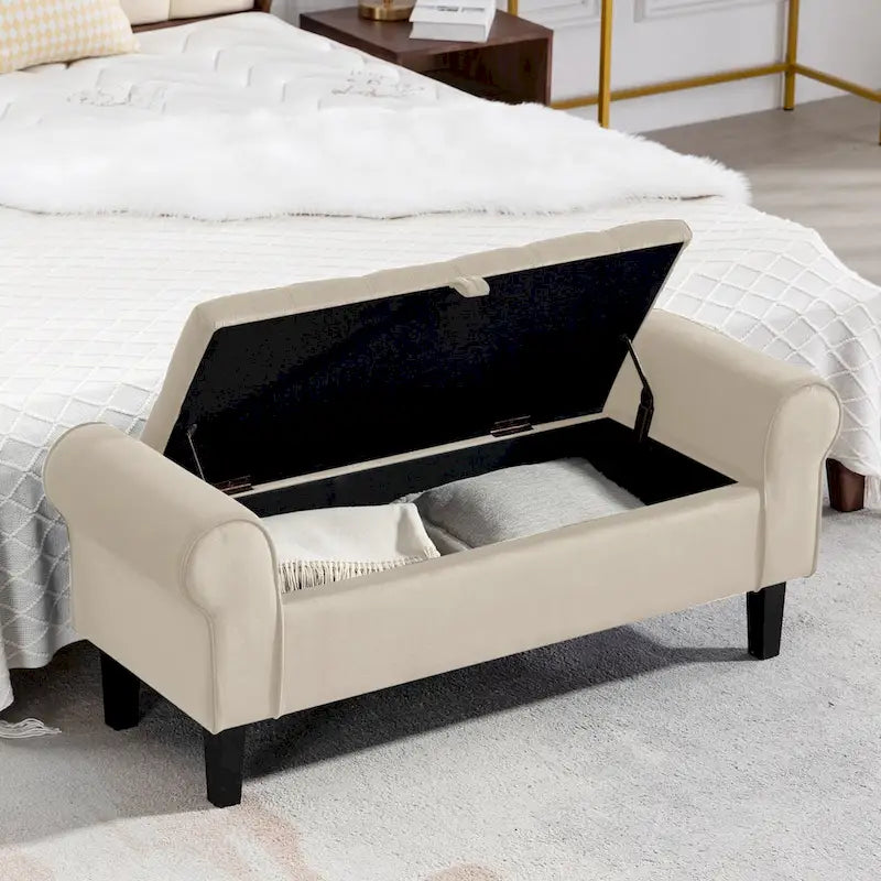 Velvet Storage Bench With Rubber Wood Legs for Bedroom