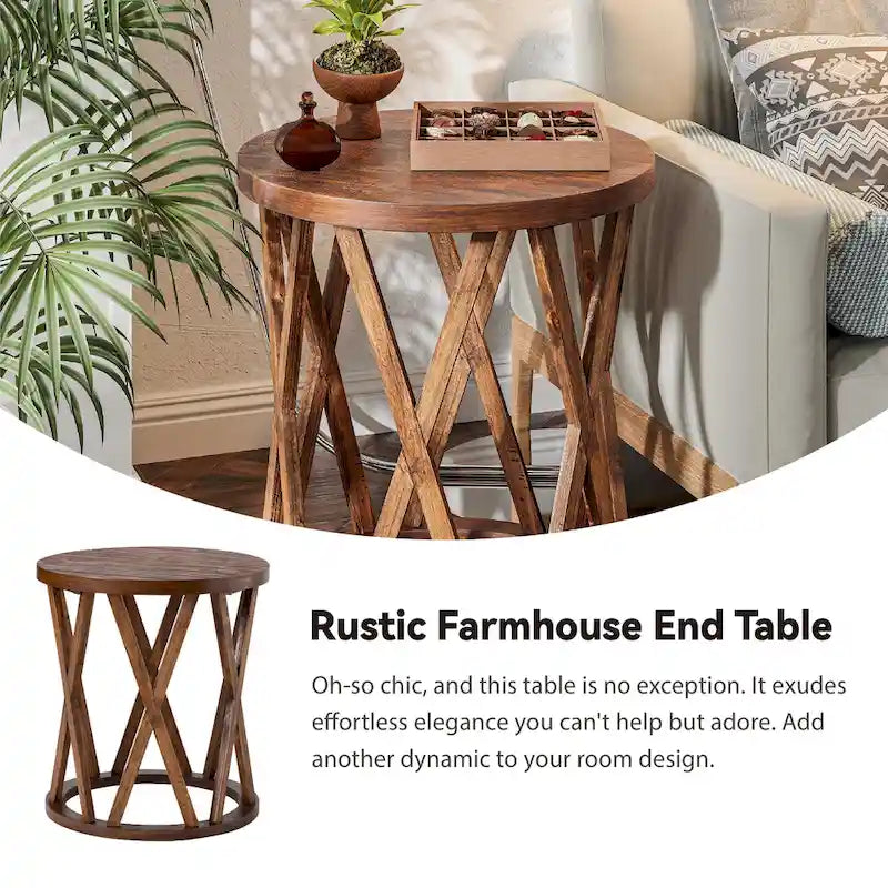 COZAYH Farmhouse End Table, Rustic Round Coffee Table with X-Motifs Legs, Wood Textured Top for Boho, French Country Decor