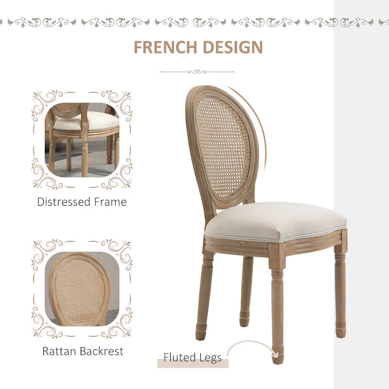 HOMCOM French-Style Upholstered Dining Chair Set, Armless Accent Side Chairs with Rattan Backrest and Linen-Touch Upholstery