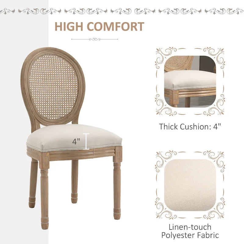 HOMCOM French-Style Upholstered Dining Chair Set, Armless Accent Side Chairs with Rattan Backrest and Linen-Touch Upholstery