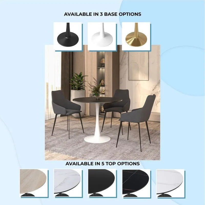 Bristol 35 Inch Mid Century Modern Round Dining Table, Wood Top & Glossy Iron Pedestal Base for Kitchen & Dining Room