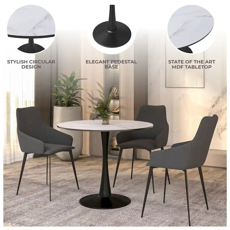 Bristol 35 Inch Mid Century Modern Round Dining Table, Wood Top & Glossy Iron Pedestal Base for Kitchen & Dining Room