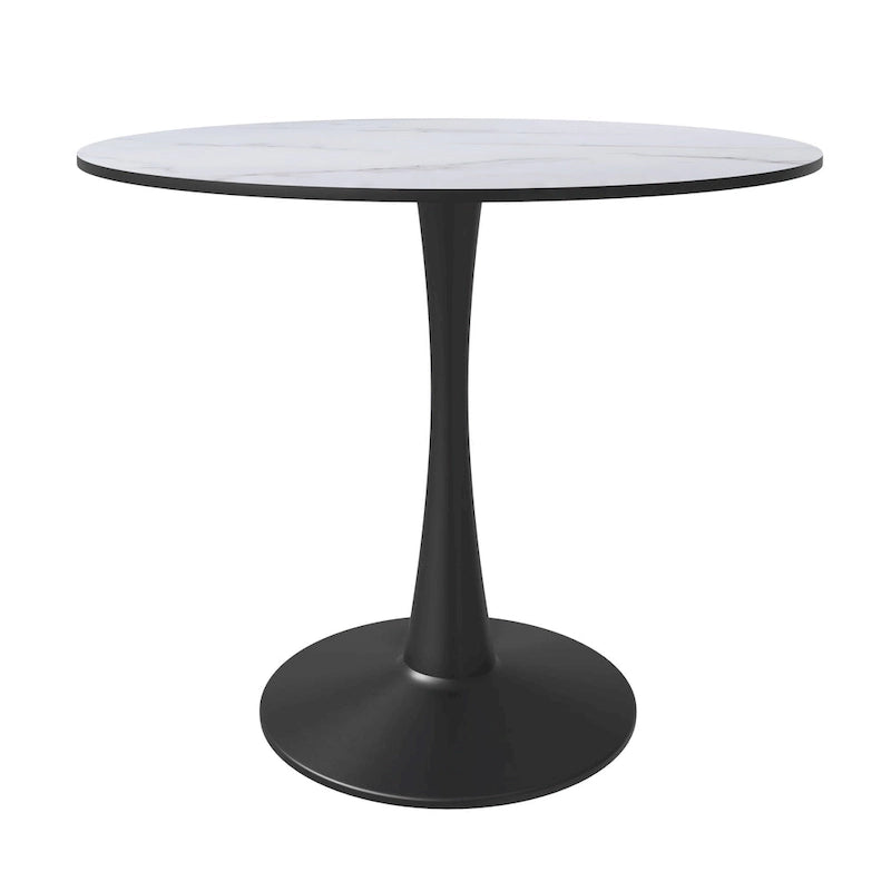 Bristol 35 Inch Mid Century Modern Round Dining Table, Wood Top & Glossy Iron Pedestal Base for Kitchen & Dining Room
