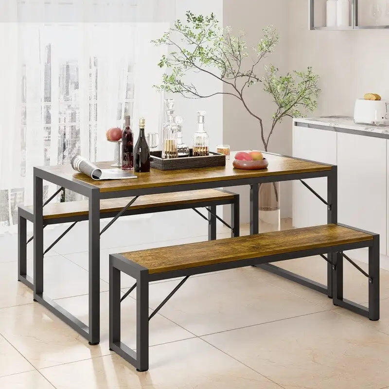 55Dinning Room Table Set for 4-63 Piece Industrial Dining Table Set with 2 Bench for Kitchen