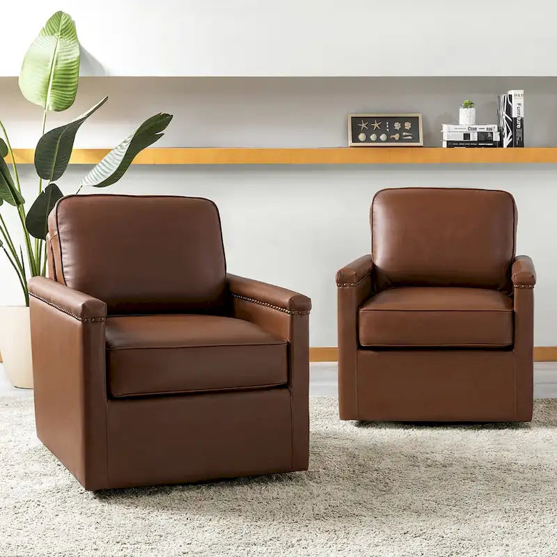 Rita Classic Genuine Leather Swivel Armchair With Nailhead Trims Set Of 2 By HULALA HOME
