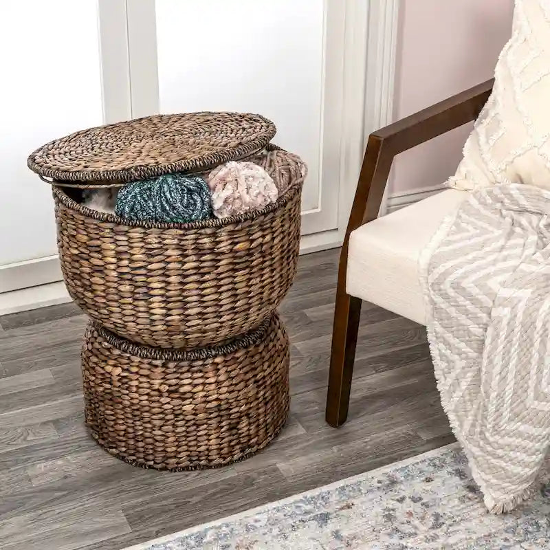happimess Bhola 18 Hourglass Handwoven Hyacinth Storage Accent Table with Lid