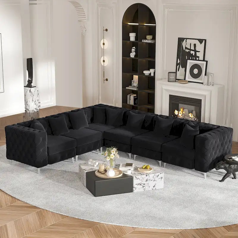 Large L-Shaped Modular Sofa, 6-Seat Velvet Sectional Couch